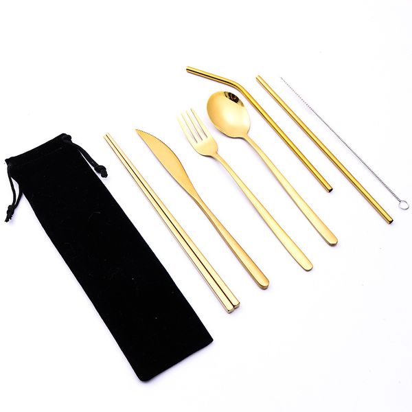 

304 stainless steel tableware straw set western style creative titanium-plated straw knife fork spoon gift tableware set