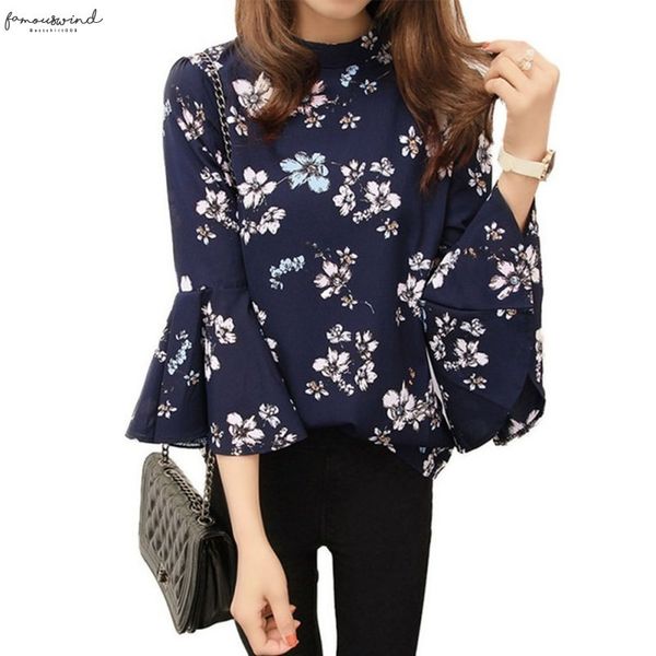 

autumn blouse women floral print chiffon flare sleeve shirts ladies office fashion chemise womens and blouses, White