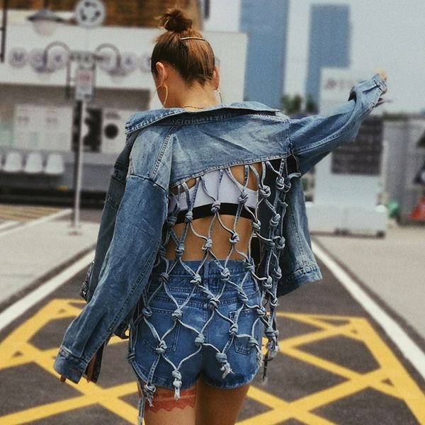 

2020 new women backless jean jacket lapel collar long sleeve tassel bandages summer coat female fashion tide female jacket, Black;brown
