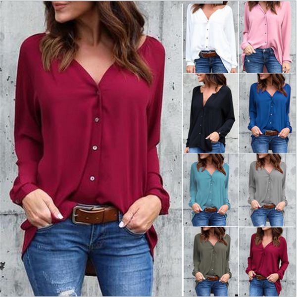 

v-neck pleated shirt button long sleeve loose chiffon color size v-neck pleated shirt button long sleeve loose chiffon 8 color 8 size, White