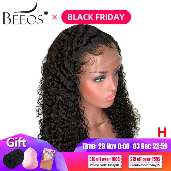

beeos curly brazilian 13x6 lace front human hair wigs pre plucked with baby hair remy hair deep part 180 density lace front wigs, Black