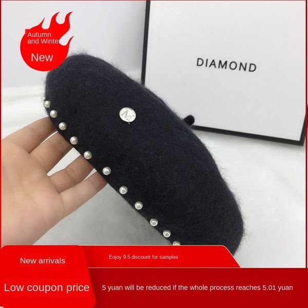 

olsws boutique painter beret octagonal australian wool beret high-end handmade sewing pearl painter hat korean style elegant lady style octa, Blue;gray