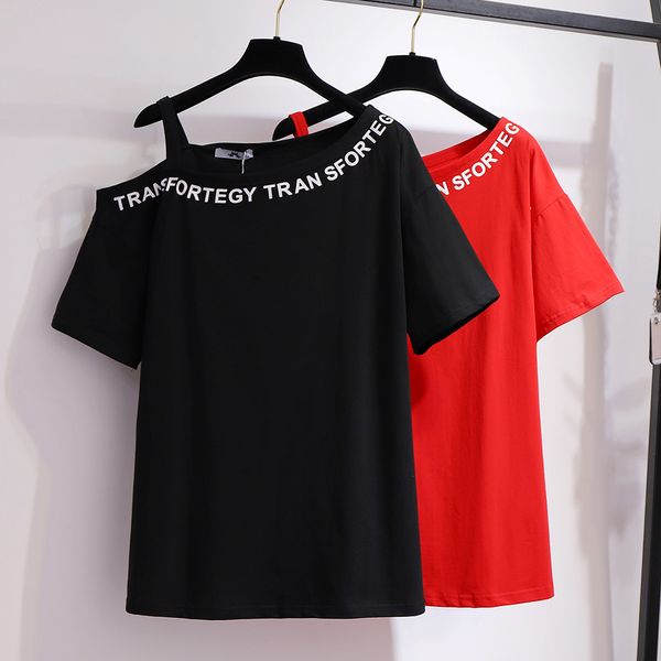 

2020 Women's T-shirt fashion summer new word shoulder print off-shoulder t-shirt breathable trend extra large top Size 2XL-6XL