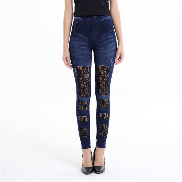 

2020 street new patchwork fake jeans leggings gothic floral lace and fabric ripped denim leggings casual slim hole pants, Black