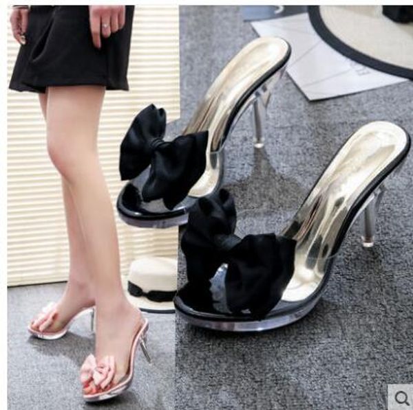 

slippers women sweet bowtie crystal slippers woman transparent open toe outdoor female shoes silver summer shoes woman sandals, Black