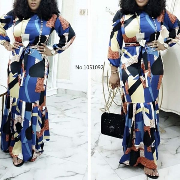 

summer 2020 elegent african women o-neck long sleeve printing plus size long dress, Red