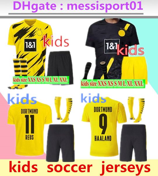 

2020/21 dortmund home yellow soccer jersey 20 21 #7 sancho #11 reus kids kit +socks football shirt set, Black