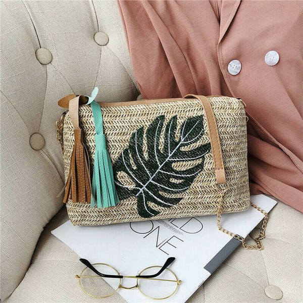 

2020 summer womens straw woven small square shoulder bag fashion ladies beach bags messenger tote leaf pattern bags