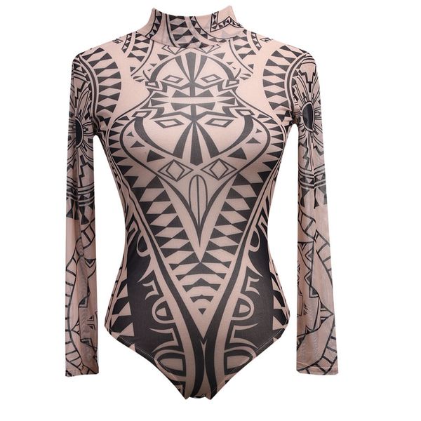 

women's jumpsuits & rompers vintage totem print women long sleeve stretch tutleneck bodysuit romper womens leotard, Black;white