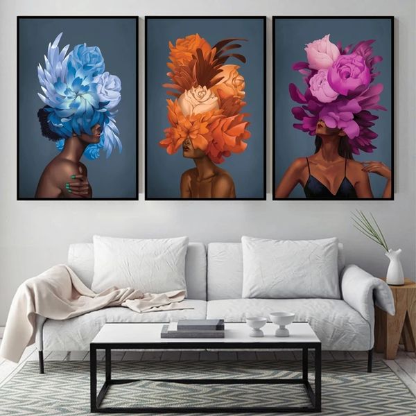 

modern abstract flower girl black nude woman canvas painting nordic poster prints wall art for living room home decor (no frame