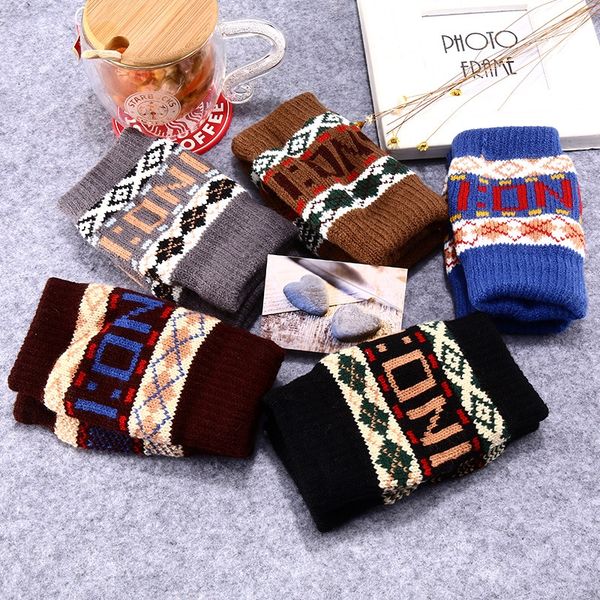 

korean style men's warm and winter thickened warm open finger gloves men's knitted wool english letter half finger gloves