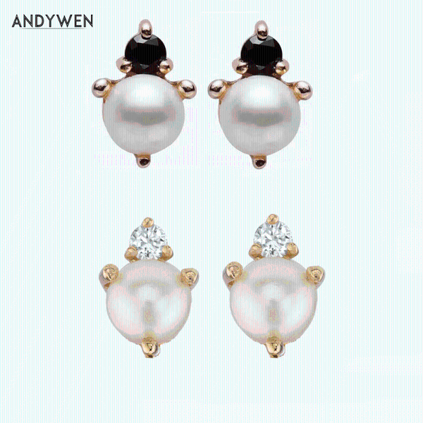 

andywen 925 стерлингового серебра женщин pearl серьги стержня женщины черный циркон cz кристалл роскошные уха ювелирные изделия для дня свят, Golden;silver