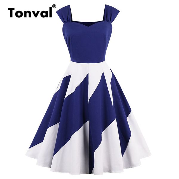 

tonval blue and white contrast vintage dress elegant party women color-block retro dresses backless 50s rockabilly dress, Black;gray