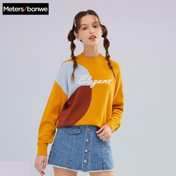 

metersbonwe 2020 new knitted sweater women pullovers o neck hit colour women sweaters loose leisure comfortable sweater 716858, White;black