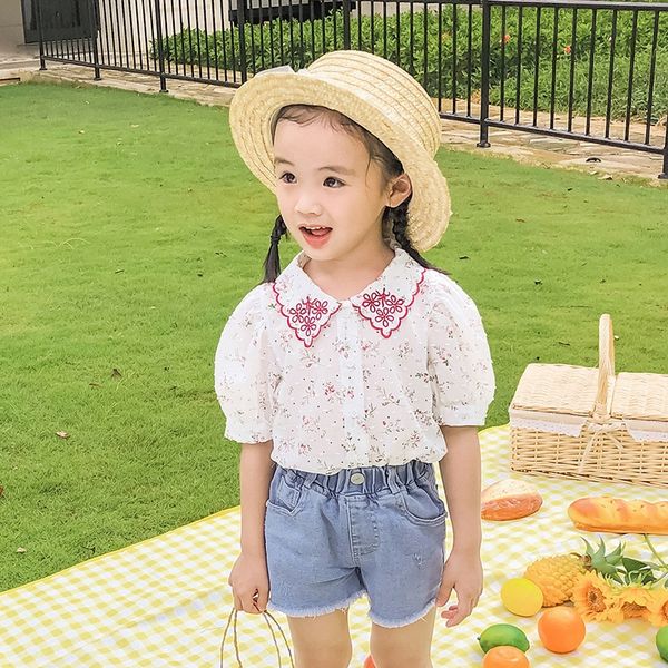 

girls 2020 summer clothes embroidery collar fresh floral children embroidered shirt thin ocean baby shirt top, White;black