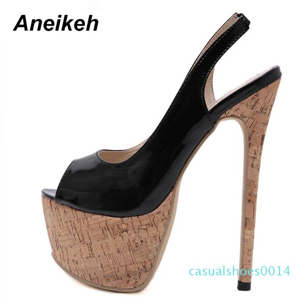 

aneikeh 2020 spring high heel platforms pumps shoes woman pu leather fetish peep toe slingbacks stripper wedding party shoe c14, Black
