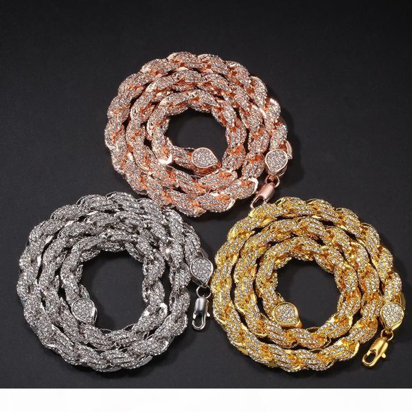 

d alloy inlay drill 9mm rope chain necklace gold color iced rhinestones hip hop necklaces jewelry men women, Silver