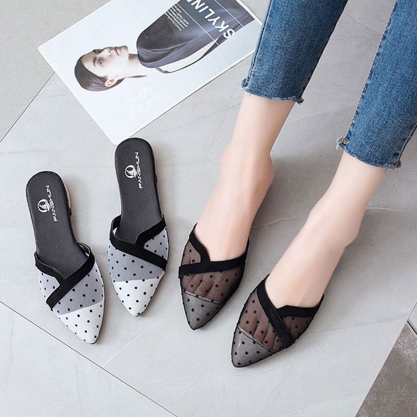 

2020 new half slippers women's shoes woman casual flats pointed toe slides for spring summer comfortable travel white black