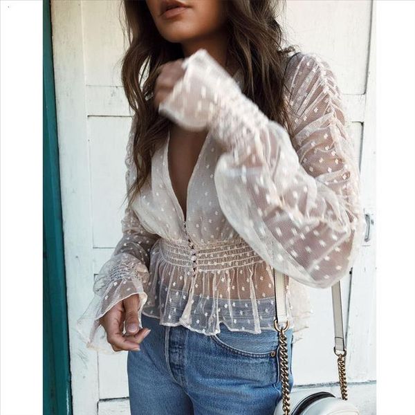 

2020 summer women blouses see through sxey mesh blouses deep v neck long sleeve sheer blouse shirt ladies dot transparent, White
