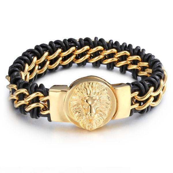 

fashion handsome jewelry gothic men's braided genuine leather 316l stainless steel biker lion head chain bracelet bangle, Black