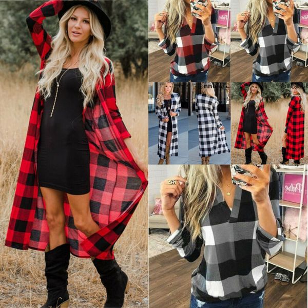 

женщины plaid футболка с длинным рукавом v шеи сыпучие рубашки кнопка блуза топы plus размер, White;black