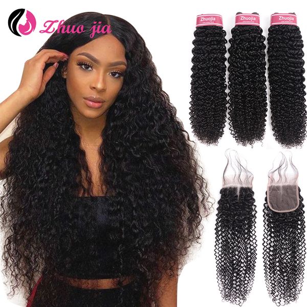 

zhuo jia brazilian hair curly 3 bundles with 4x4 lace closure natural for women human hair bundle remy bundles with closure, Black;brown