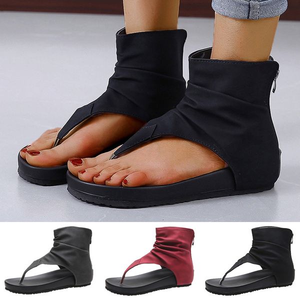 

women open toe sandals ladies summer flats thong flip flops back zips shoes, Black