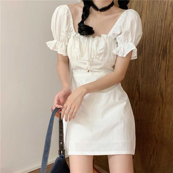 

casual dresses mori girl mini dress women puff sleeve bow bandage solid cotton ladies square collar chic white 2021, Black;gray
