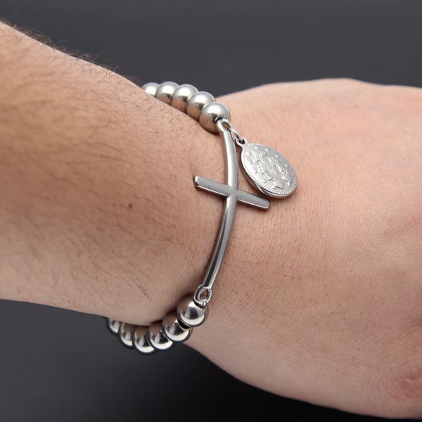 

hip hop stainless steel gold bead bracelet with jesus cross pendant pulseras rosary bracelets fashion jewelry, Black