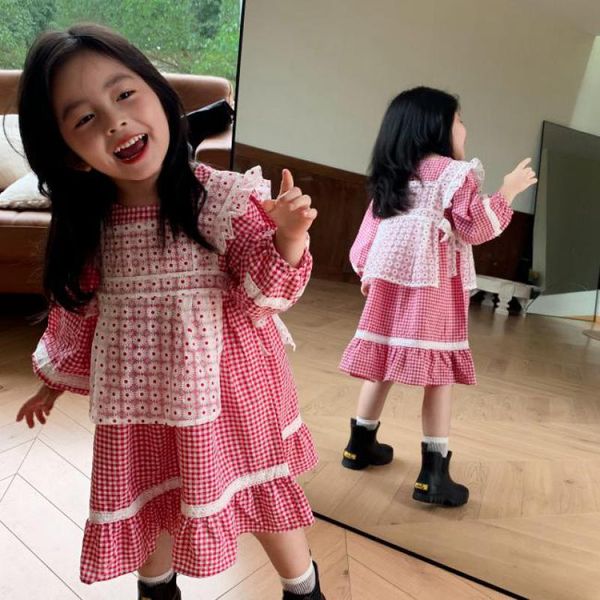 

2020 new autumn winter costume teenage girls clothing sets lace vest + plaid dress back school clothing lace dresses wear 6, White