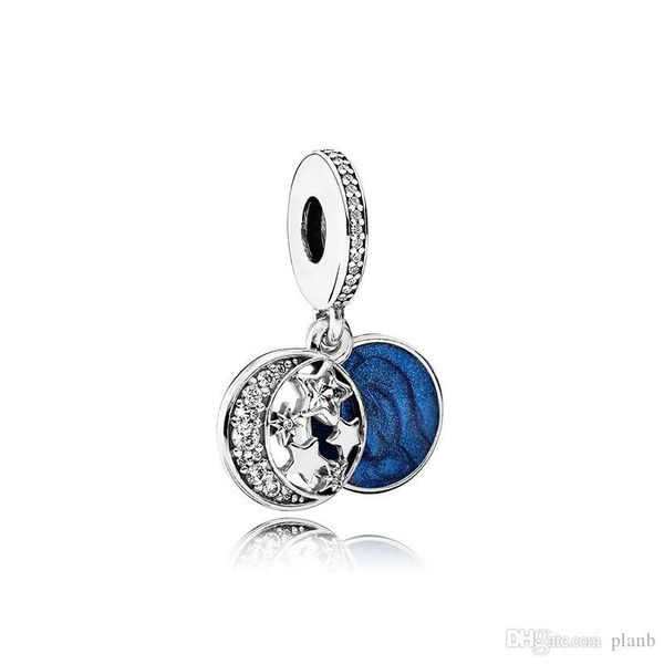 

925 sterling silver blue enamel star and moon pendant charms original box for pandora european bead charms bracelet necklace jewelry making, Bronze;silver