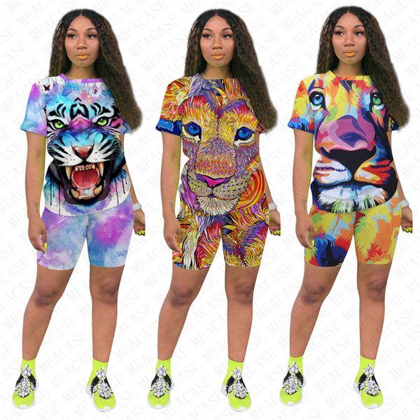 

animal women tiger lion designer outfits t-shirts + shorts sets tracksuit summer tshirt short pants jogging suit night club clothes d7711, White