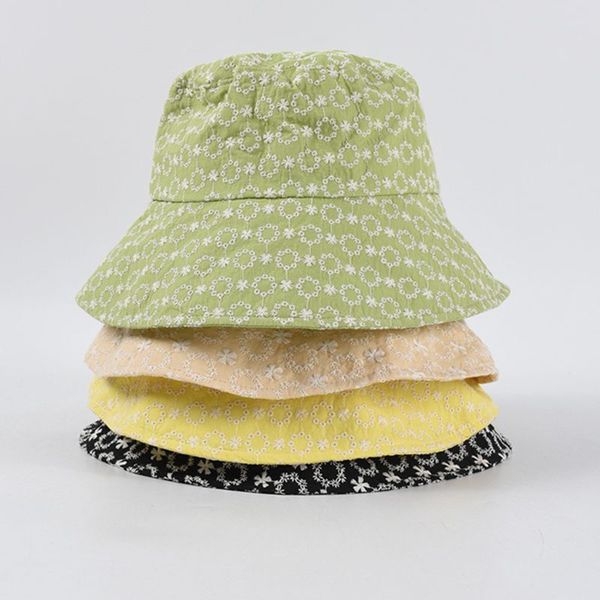 

korean women summer wide brim bucket hat sweet embroidery floral solid color outdoor sunscreen packable fisherman cap, Blue;gray