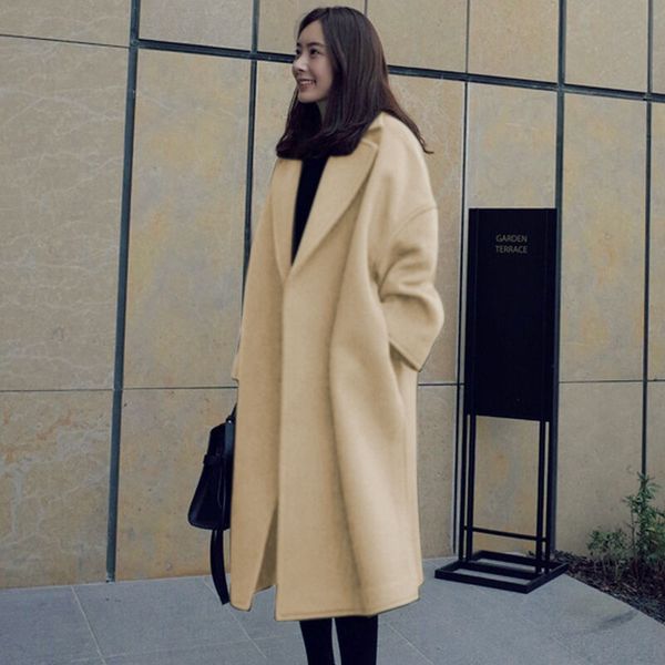 

fashion women's autumn winter woolen coat casual wild mid-length overcoat v-neck thick female warm wool outwear favourite, Black