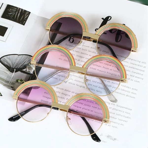 

kids sunglasses round painted rainbow sun glasses girls boys metal children pink glasses baby girl shades kid mirror trend style, White;black