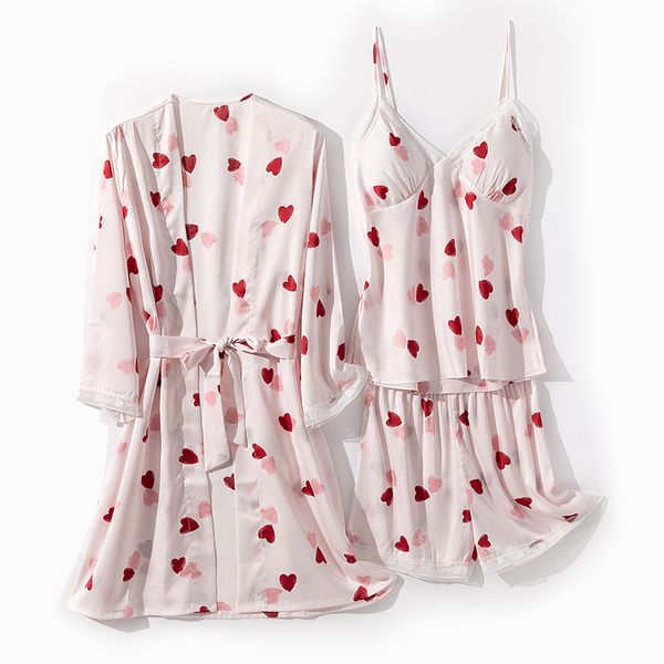 

women's sleepwear women robe set satin 3pcs summer thin kimono bath gown nightwear female silky intimate lingerie home clothes, Black;red