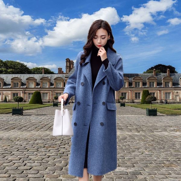 

off-season haze blue en wool wool coat women's mid-length korean style new winter hepburn style woolen coat fashion, Black