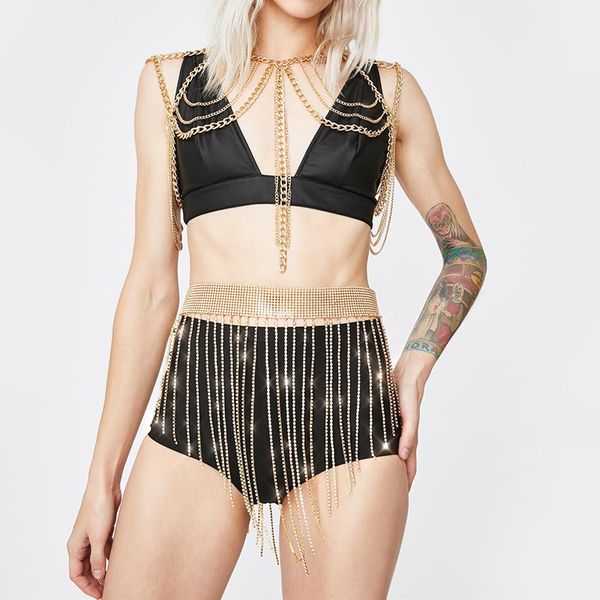 

tassel rhinestones metal skirt women summer beach holiday short crystal diamond nightclub show skirts mini short skirts, Black