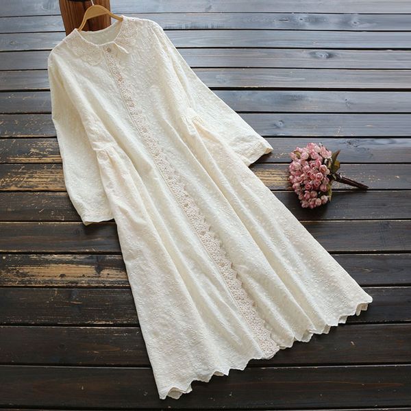 

6637 new autumn women lace embroidery long sleeve dress mori girl literary casual midi dress solid color a-line, Black;gray