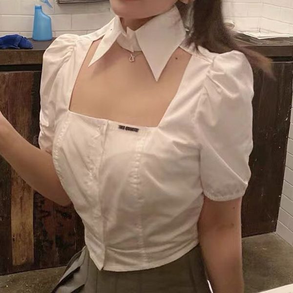 

7.18 fashion square collar hollow out puff sleeve single breasted short shirt 2020 new women, White