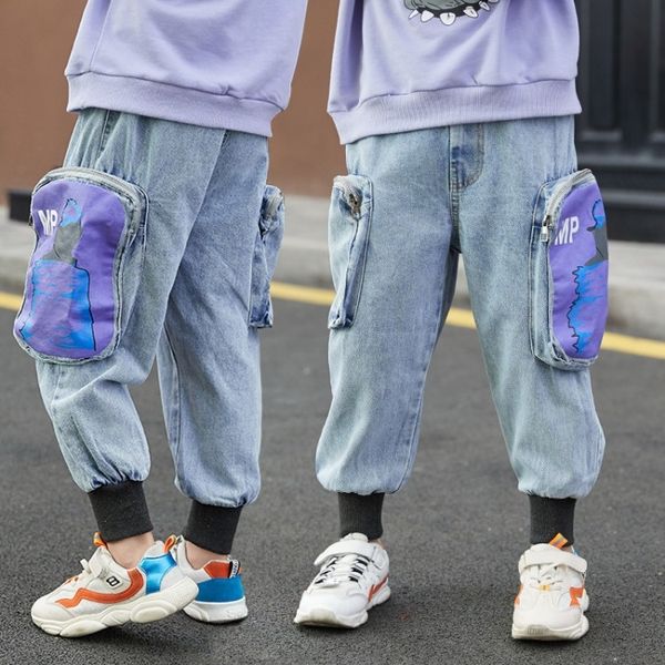 

iobyo boys' jeans autumn 2020 sweat crawler jeans children's pants new korean version of medium and large children's trousers, Blue