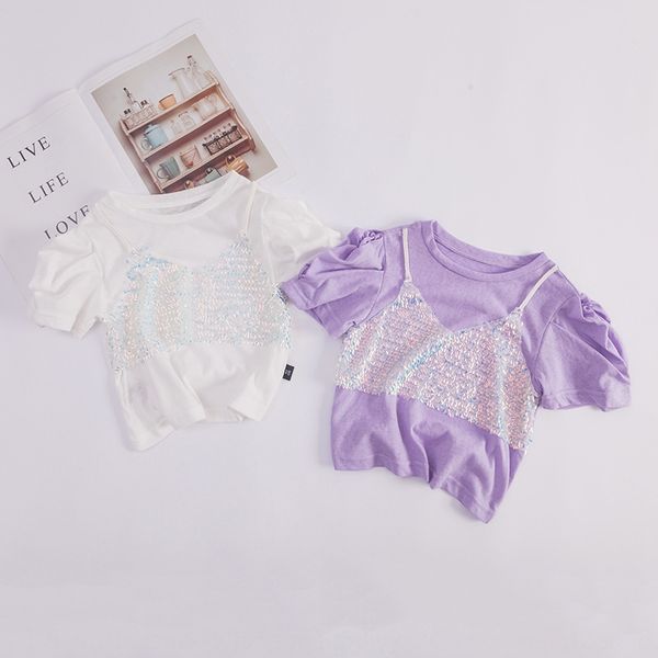 

7gbfu girls t-shirt korean version 2020 new children's short sleeve sequins t-shirt sequins summer dress foreign style fake two-piece t, Blue