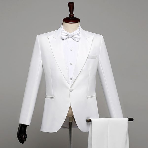 

men prom suits men's shawl lapel white black two piece jacket pants suit slim evening party stage show performance wedding suit