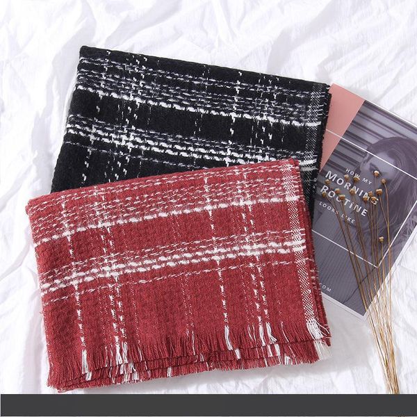 

autumn and winter ladies plaid lengthened warm scarf cashmere large shawl versatile bib 200*65cm, Blue;gray