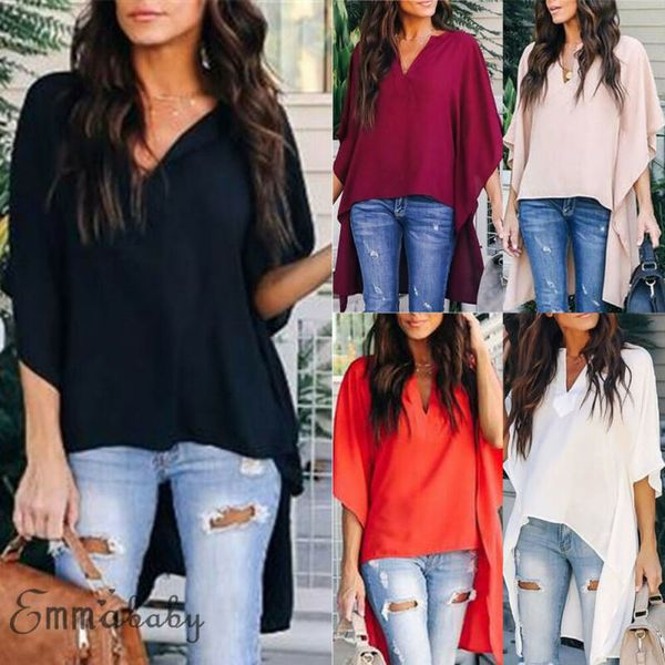 

fashion women short sleeve irregular long blouses ladies summer casual v neck loose solid blouse, White