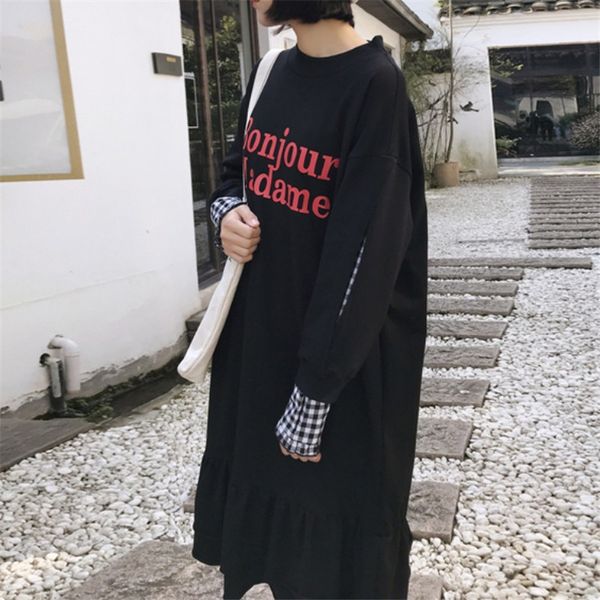 

2020 new pullover autumn and winter women fashion loose plus size printing letter stitching long section japanese style ladies, Black