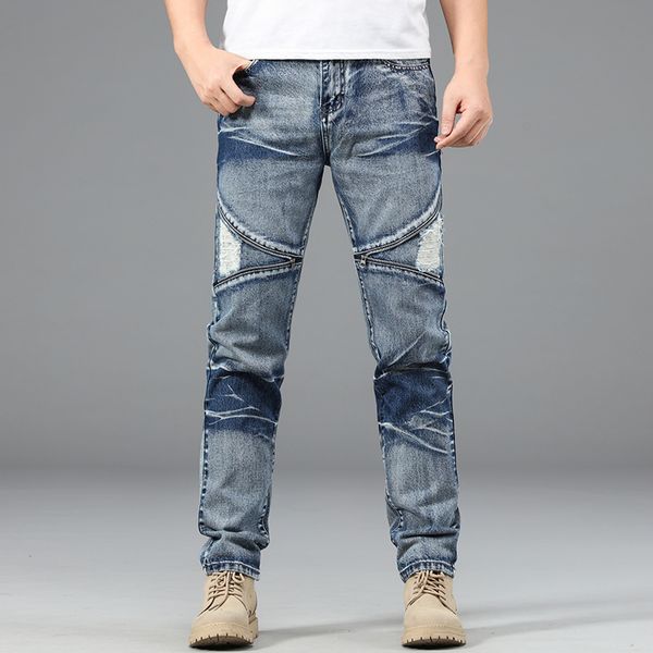 

jeans men straight trousers male soft slim fit ripped denim designer casual biker pants pantalon hombre homme, Blue