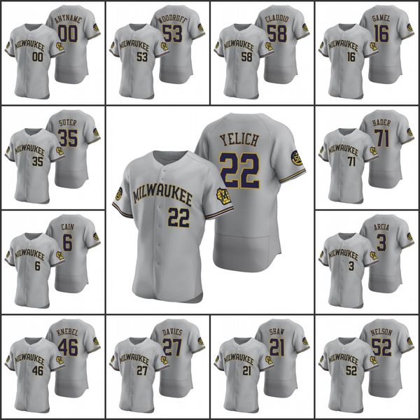 

milwaukee brewers #22 christian yelich 16 ben gamel 8 ryan braun men women youth custom gray authentic 2020 road jersey