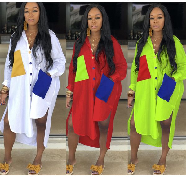 

fashion women shirt dresses patchwork color with pocket turn down neck long sleeve midi casual dresses spring personality casual dress 2020, White
