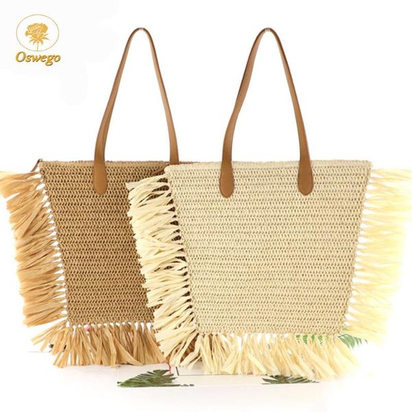 

large capacity tassel straw handbag women fashion luxury designer straw beach bag 2020 summer bohemia travel beach shoulder bag
